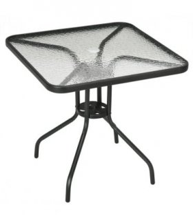 Patio Table, Tempered Glass Top, Black, 76 x 76cm, Steel Frame, Outdoor Dining