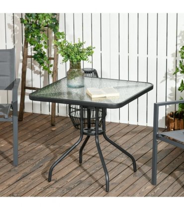 Patio Table, Tempered Glass Top, Black, 76 x 76cm, Steel Frame, Outdoor Dining
