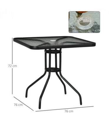 Patio Table, Tempered Glass Top, Black, 76 x 76cm, Steel Frame, Outdoor Dining