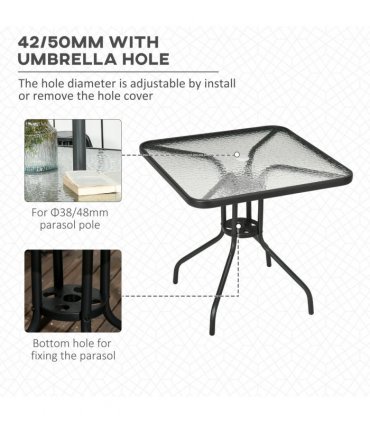 Patio Table, Tempered Glass Top, Black, 76 x 76cm, Steel Frame, Outdoor Dining