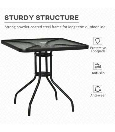 Patio Table, Tempered Glass Top, Black, 76 x 76cm, Steel Frame, Outdoor Dining