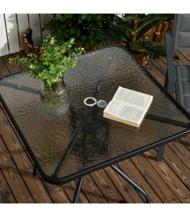 Patio Table, Tempered Glass Top, Black, 76 x 76cm, Steel Frame, Outdoor Dining