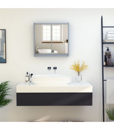 Wall Mounted Mirror Cabinet Grey 48W x 14.5D x 45Hcm MDF Particle Board Shelf