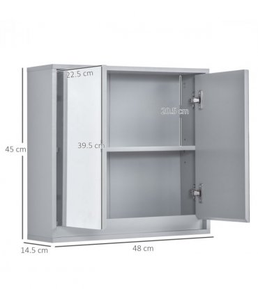Wall Mounted Mirror Cabinet Grey 48W x 14.5D x 45Hcm MDF Particle Board Shelf
