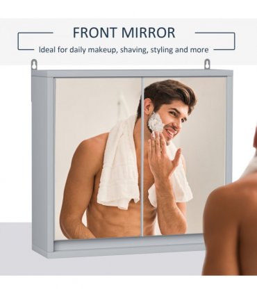 Wall Mounted Mirror Cabinet Grey 48W x 14.5D x 45Hcm MDF Particle Board Shelf