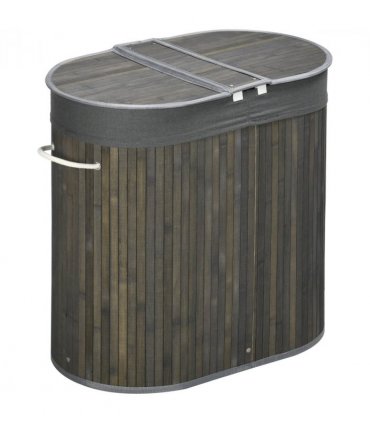 100L Bamboo Laundry Basket w/ 2 Compartments Washing Baskets Grey HOMCOM