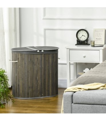 100L Bamboo Laundry Basket w/ 2 Compartments Washing Baskets Grey HOMCOM
