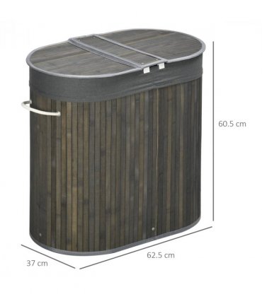 100L Bamboo Laundry Basket w/ 2 Compartments Washing Baskets Grey HOMCOM