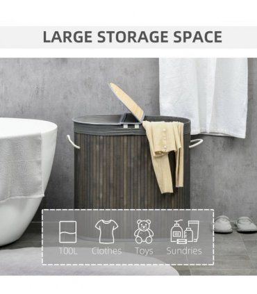 100L Bamboo Laundry Basket w/ 2 Compartments Washing Baskets Grey HOMCOM