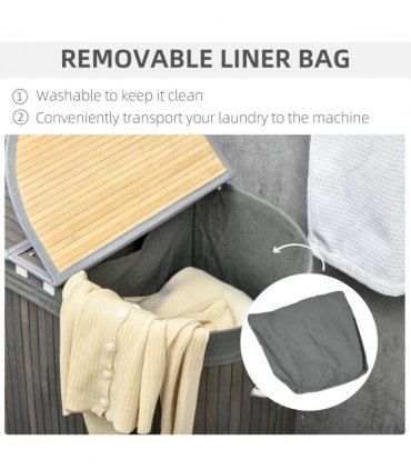 100L Bamboo Laundry Basket w/ 2 Compartments Washing Baskets Grey HOMCOM