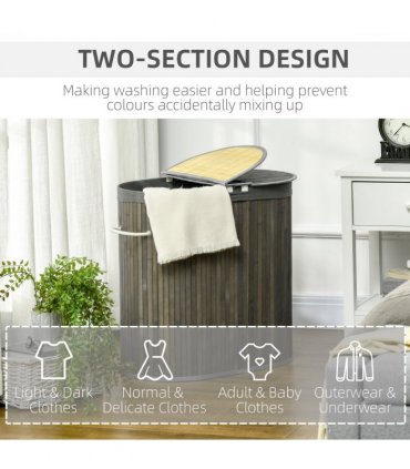 100L Bamboo Laundry Basket w/ 2 Compartments Washing Baskets Grey HOMCOM