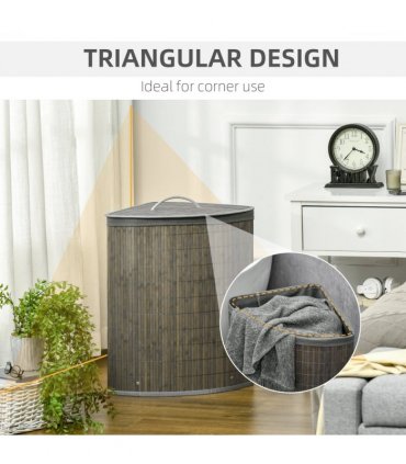 55L Bamboo Corner Laundry Hamper Bamboo Laundry Basket 38x38x57cm Grey HOMCOM