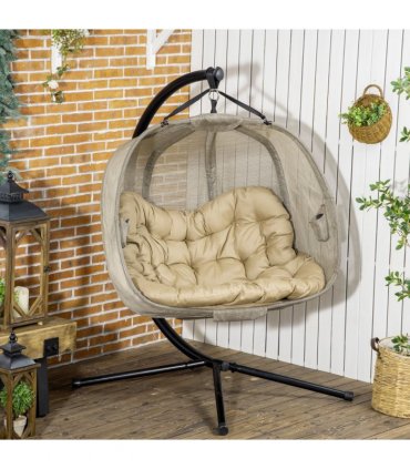Double Hanging Egg Chair 2 Seaters Swing Hammock w/ Cushion, Brown