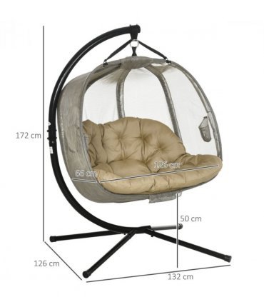 Double Hanging Egg Chair 2 Seaters Swing Hammock w/ Cushion, Brown