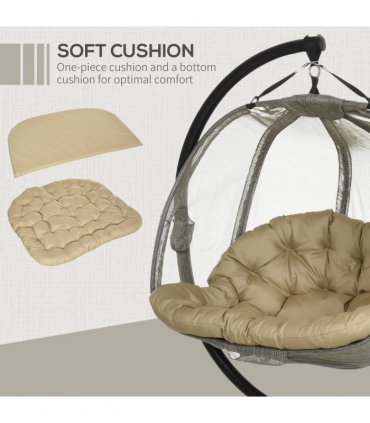 Double Hanging Egg Chair 2 Seaters Swing Hammock w/ Cushion, Brown