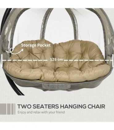 Double Hanging Egg Chair 2 Seaters Swing Hammock w/ Cushion, Brown
