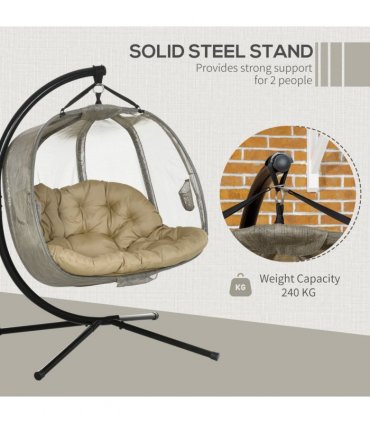 Double Hanging Egg Chair 2 Seaters Swing Hammock w/ Cushion, Brown