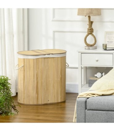 100L Bamboo Laundry Basket w/ 2 Compartments Washing Baskets Natural HOMCOM