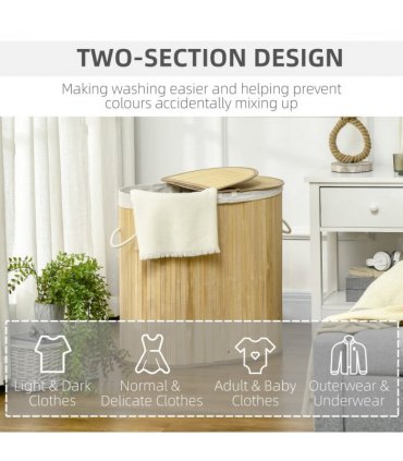 100L Bamboo Laundry Basket w/ 2 Compartments Washing Baskets Natural HOMCOM