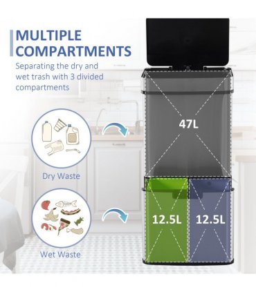 Motion Sensor Rubbish Bin, 3 Compartments Removable Lid Stainless Steel HOMCOM