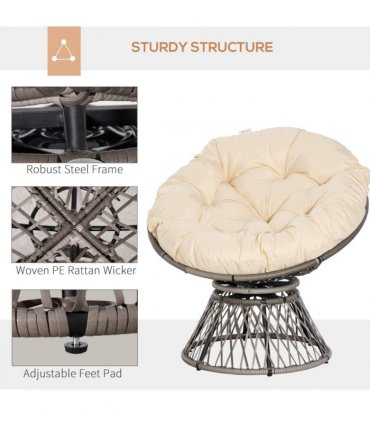 Outdoor Swivel Chair PE Rattan Beige 86H x 87L x 97Wcm Comfortable Top Cushion