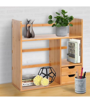 Desk Organiser Desktop Bookshelf 180 Degree Rotatable 2 Drawers Bamboo