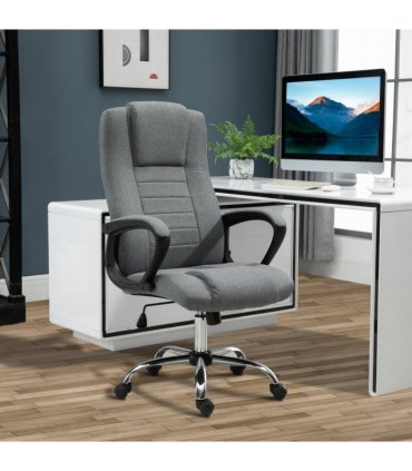 Linen Office Chair 360??Swivel High Back Wide Adjustable Seat Grey Vinsetto