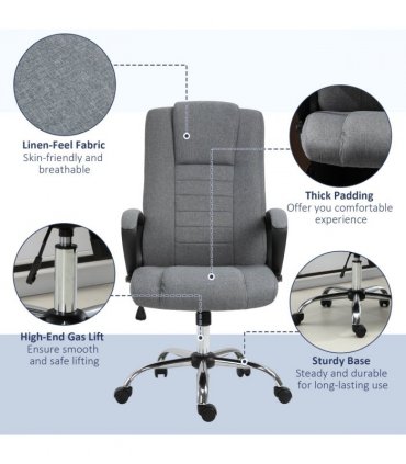 Linen Office Chair 360??Swivel High Back Wide Adjustable Seat Grey Vinsetto