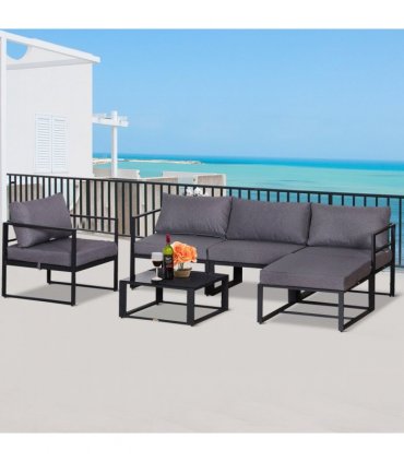 Garden Sectional Sofa Set Aluminum Frame Grey Armchair 6pcs Weather-resistant