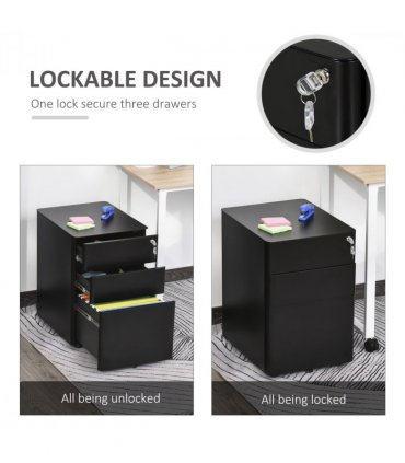 3 Draw Metal Filing Cabinet Lockable 4 Wheel Compact Under Desk Black Vinsetto