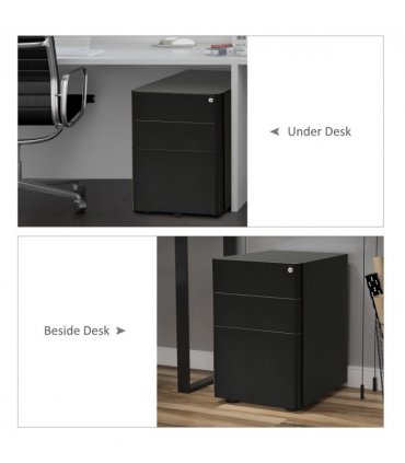 3 Draw Metal Filing Cabinet Lockable 4 Wheel Compact Under Desk Black Vinsetto