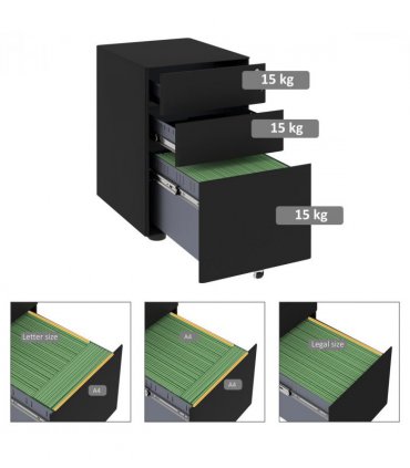 3 Draw Metal Filing Cabinet Lockable 4 Wheel Compact Under Desk Black Vinsetto