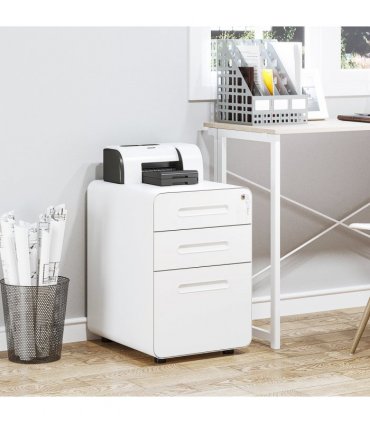 3 Draw Modern Steel Filing Cabinet w/ 4 Wheels Lock Pencil Box White Vinsetto