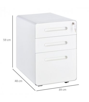 3 Draw Modern Steel Filing Cabinet w/ 4 Wheels Lock Pencil Box White Vinsetto