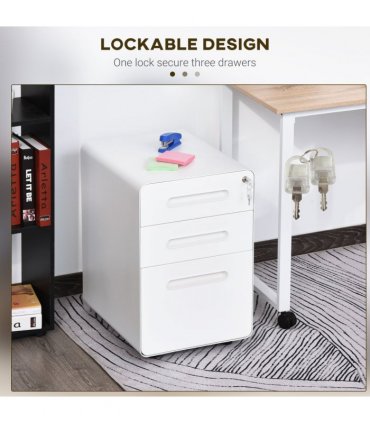 3 Draw Modern Steel Filing Cabinet w/ 4 Wheels Lock Pencil Box White Vinsetto