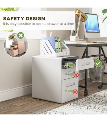 3 Draw Modern Steel Filing Cabinet w/ 4 Wheels Lock Pencil Box White Vinsetto