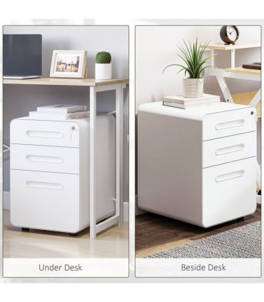 3 Draw Modern Steel Filing Cabinet w/ 4 Wheels Lock Pencil Box White Vinsetto
