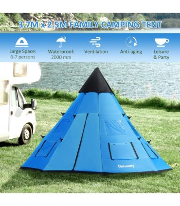 Large Family Party Camping Tent Blue Polyester 2.5H x 3.65L x 3.65Wm 6-7 Person