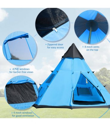 Large Family Party Camping Tent Blue Polyester 2.5H x 3.65L x 3.65Wm 6-7 Person