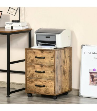 Rolling File Cabinet Brown 40L x 40W x 57Hcm 3 Drawers Under Desk Mobile Storage