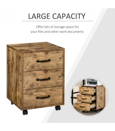 Rolling File Cabinet Brown 40L x 40W x 57Hcm 3 Drawers Under Desk Mobile Storage