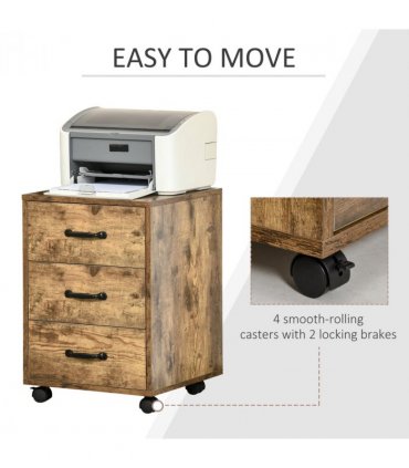 Rolling File Cabinet Brown 40L x 40W x 57Hcm 3 Drawers Under Desk Mobile Storage
