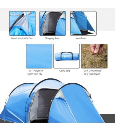 3 Man Camping Tent w/ 2 Rooms Porch Vents Rainfly Weather-Resistant Outsunny