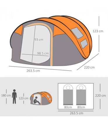 Camping Tent Dome Pop-up Tent  with Windows for 4-5 Person Orange Outsunny