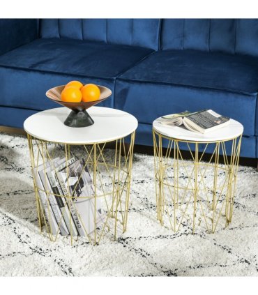 HOMCOM Set of 2 Nesting End Tables Side Tables w/ Basket Removable Top, White