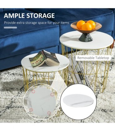 HOMCOM Set of 2 Nesting End Tables Side Tables w/ Basket Removable Top, White