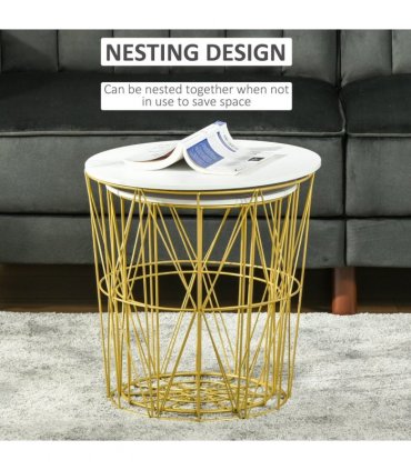 HOMCOM Set of 2 Nesting End Tables Side Tables w/ Basket Removable Top, White