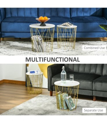 HOMCOM Set of 2 Nesting End Tables Side Tables w/ Basket Removable Top, White