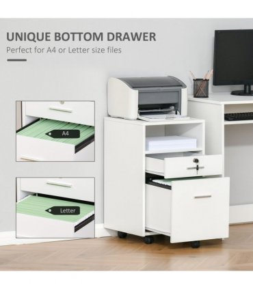 Mobile File Cabinet Lockable Documents Storage w/ 5 Wheels White Vinsetto