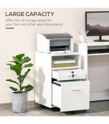 Mobile File Cabinet Lockable Documents Storage w/ 5 Wheels White Vinsetto
